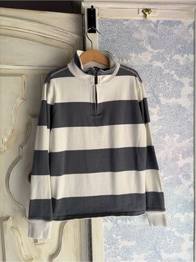 Boy’s Half-Zip Striped Sweater - Gray & White